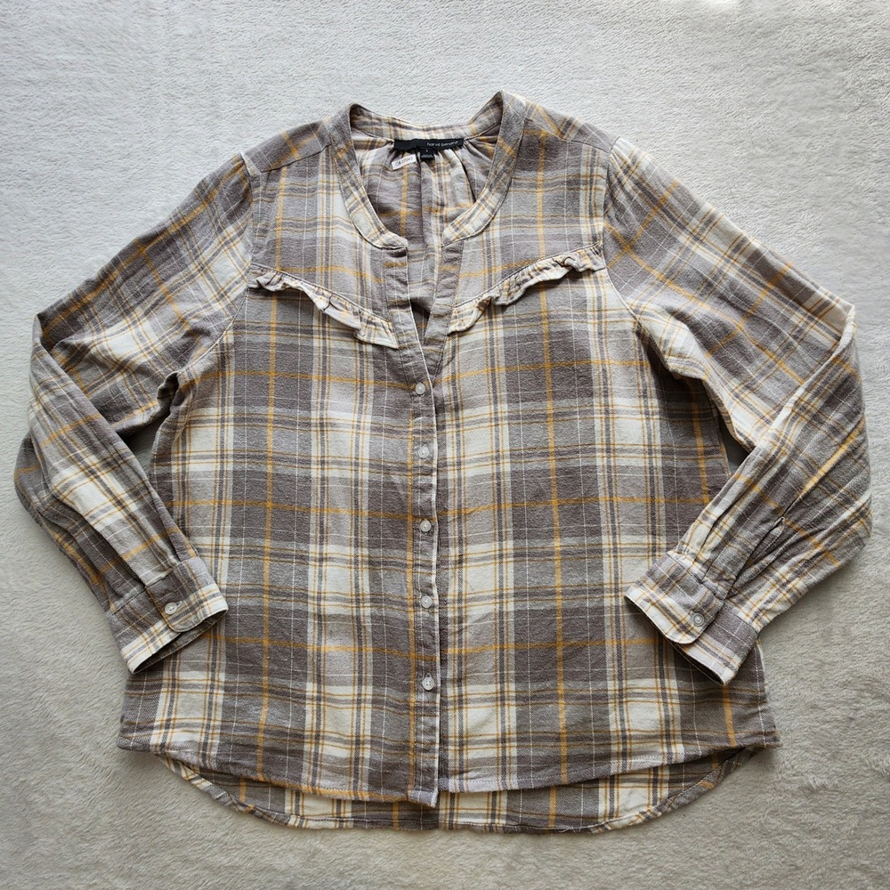 Harve Benard Plaid Button Up Womens Large Gray Ruffle Western Flannel Cottage - Picture 7 of 12